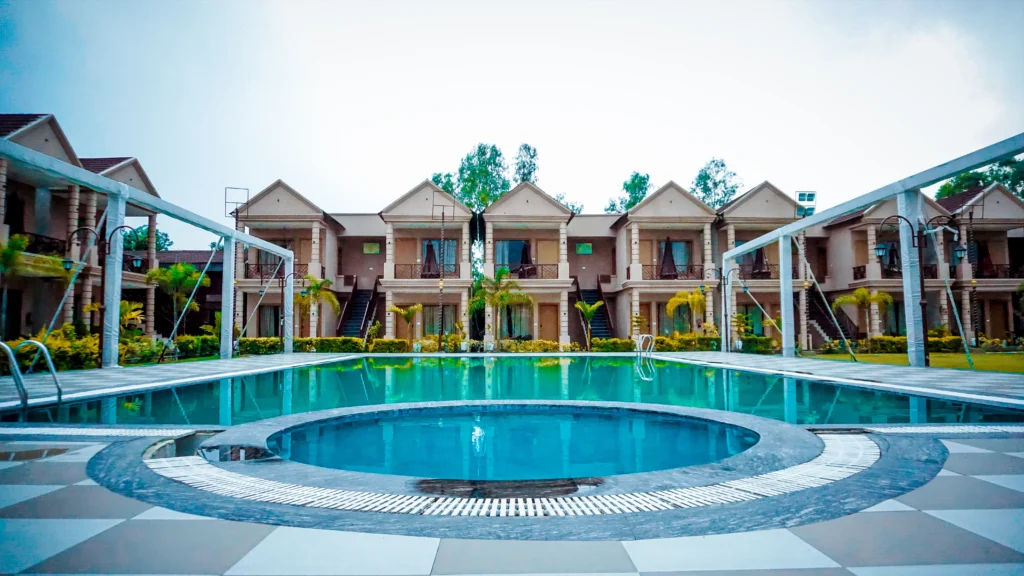 Out door poolside of pearl blue resort bhopal